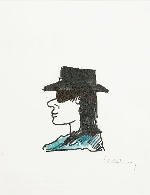 Udo Lindenberg, geb. 1946, Selbstporträt im Profil, Lithographie, teils aquarelliert/likörelliert, handsign., ca. 15x31cm, PP, u.Gl., R. ca. 50x40cm