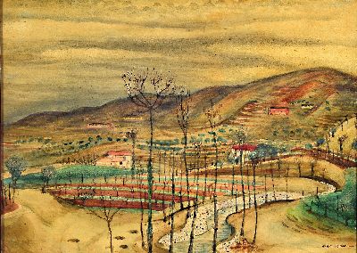 Eugen Croissant, 1898 Landau-1976 Breitbrunn, Weite Landschaft mit Baum bestandenem Bachlauf, Aquarell auf Papier, rechts unten signiert, ...