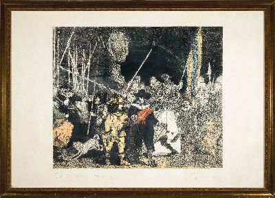 Alfred Hrdlicka, 1928-2009, Nachtwache, Farbradierung, num. XII/XX, betitelt, bez. VII Zustand, handsign., ca. 49x59cm, u.Gl., R. ca. 70x97cm