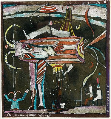 Bernd Kastenholz, geb. 1949 Speyer, Die Eulenspiegelhörner, Gouache auf Karton, signiert und dat. 75, betitelt, ca. 23x21cm, PP, u.Gl., R. ca. ...