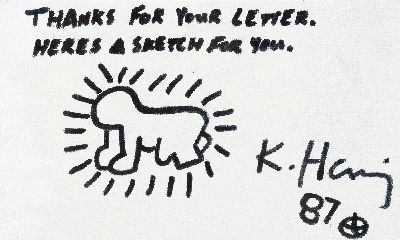 Keith Haring, 1958 Reading/PA-1990 New York,Zeichnung mit Filzstift auf weiß getünchter Lwd, Dankschreibung mit Baby, signiert und datiert 1987, ...