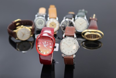 Konvolut: 8 teils außergewöhnlichen Armbanduhren, Schweiz um 1938-1975, Handaufzug/Automatik, Geh. 2x Stahl, 2x verg. m. Stahlboden, 3x verschr., ...