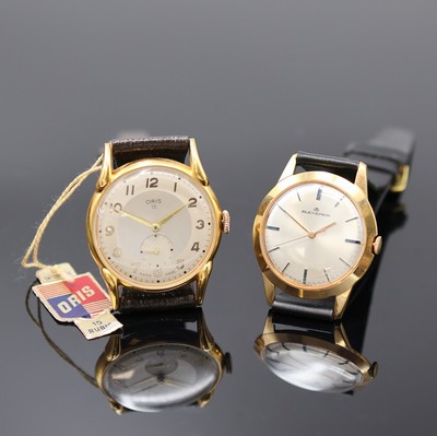 ORIS und BUCHERER 2 Armbanduhren, Schweiz 1950er Jahre, Handaufzug, verg. Gehäuse, Böden aufgedr., silb. Zifferblätter, arab. Zahlen u. gebl. ...