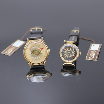 ERNEST BOREL 2 Cocktail Armbanduhren, Schweiz um 1965, Handaufzug, vergoldete und beids. vergl. Geh., Borel Lederbänder m. verg. Dornschl., Böden ...