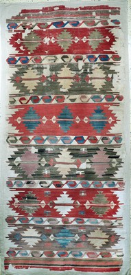 Afyon Kelim antik, Türkei, 19.Jhd, Wolle auf Wolle, ca. 360 x 170 cm, EHZ: 4, (auf Stoff genäht)