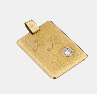 14 kt Gold Brillant-Anhänger, GG/WG 585/000, schlichte Platte mit abgerundeten Ecken, 1 in WG gefasster Brillant ca. 0.10 ct Weiß/si, Monogram HK, ...