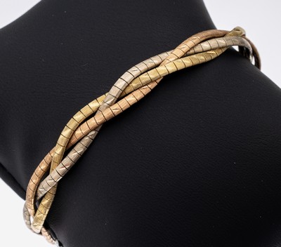 14 kt Gold Armband, GG/WG/RG 585/000, sat. und strukt., 3-rhg. geflochten, L. ca. 18.5 cm, Kastenschloss mit Sicherheitsacht, ca. 18.8 g