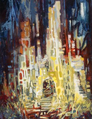 Hanns Studer, 1920 Basel-2018, Blick auf eine Kathedrale, Gouache auf Papier, links unten schwer lesbar sign., ca. 60x46cm, PP, u.Gl., R. ca. 79x64cm