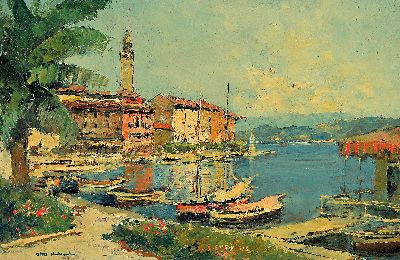 Otto Hellmeier, 1908-1996 Weilheim, italienische Hafenlandschaft, links unten signiert, Öl/Karton, Rahmen 53x73 cm