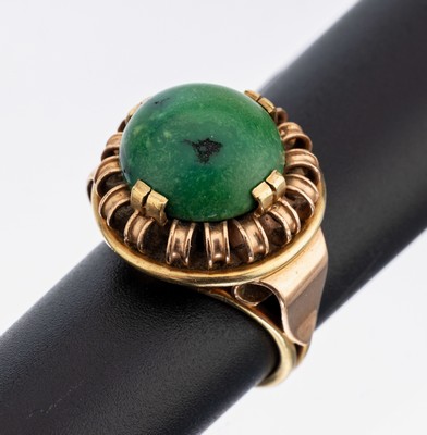 14 kt Gold Farbstein-Ring, 1950er Jahre, GG/RG 585/000 gepr., architektonischer Aufbau,runder türkisfarb. Cabochon, RW 54, ca. 9.0 g
