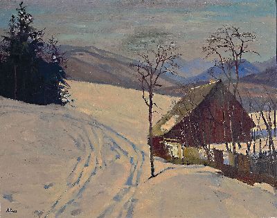 Hans Massmann, 1887 Bukarest-1973 Wien, Später Winter im Berchtesgadener Land, Öl/Malkarton, links unten sign., rest., ca. 60x75cm, R. ca. 70x85cm, ...