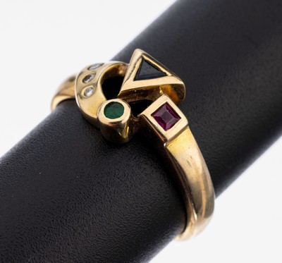 14 kt Gold Farbstein-Brillant-Ring, GG 585/000, außergewöhnliches Design, 3 Farbsteine in versch. Schliffformen und Größen, 3 kl. Brillanten, RW ...