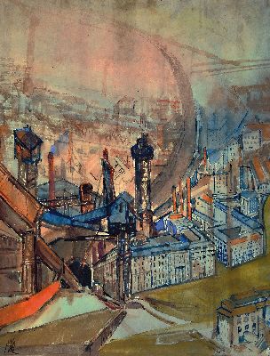 Rudolf Wilhelm Heinisch, 1896 Leipzig-1956 Berlin, Aquarell, expressiv-neusachliche Stadtlandschaft mit markanter Industrieanlage, links unten ...