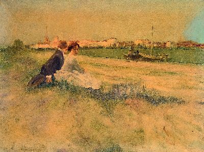 Wilhelm Schreuer, 1866 Wesel-1933 Düsseldorf , poussierendes Pärchen vor der Stadtsilhouette von Düsseldorf, Blick auf den Kirchturm von St. ...