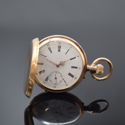 Savonette Herrentaschenuhr in RG 585/000, Schweiz um 1890, guill. 2-Deckel Goldgeh. altersbed. ber./dell., Münzrand, Emailzifferbl. m. röm. Std. ...