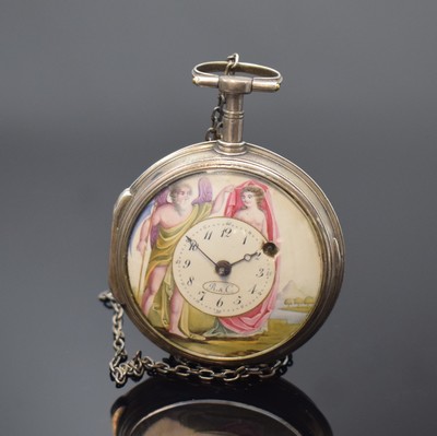 ROBERT et COURVOISIER Spindeltaschenuhr mit Emailmalerei in Silber, Schweiz um 1820, glattes Geh. m. ausgestelltem Scharnier, fein bemaltes ...