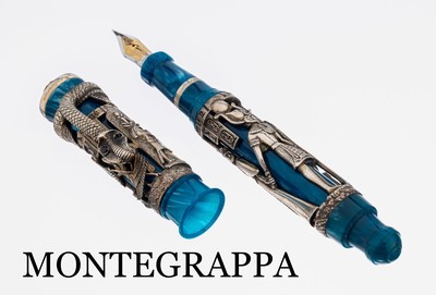 MONTEGRAPPA Füller, Modell Luxor Blue Nile,limitierte Edition, 1996, schwere massive Montur aus 925er Silber, ägyptische Ornamente und ...
