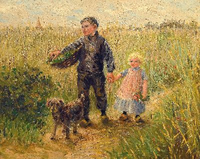 Zuschreibung: Jan Zoetelief Tromp, 1872 Batavia-1947 Breteuil-sur-Iton, Kinderpaar mit Hund im Getreidefeld, Öl/Lwd, rechts unten monogrammiert ZT ...