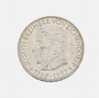 Silbermünze 5 Mark, Deutschland, 1957, Joseph Freiherr von Eichendorff