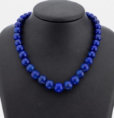 Lapislazuli-Collier, Kugeln im Verlauf, D. ca. 6.5-12 mm, Hakenschließe 925er Silber, L. ca. 98 cm