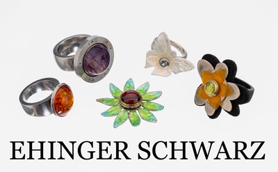 EHINGER SCHWARZ Schmuck-Konvolut, Stahl und925er Silber, best. aus: 4 Ringen, RW 59, 2 x 60 und 62, sign. Charlotte, Ringköpfe variabel wechselbar, ...