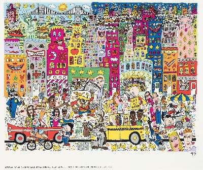 James Rizzi, 1950-2011, Farbsiebdruck, "EAT AT PORKYS mit Looney Tunes Characters, dat. 95, mit Plexisglas gerahmt, R., ca.50x40 cm