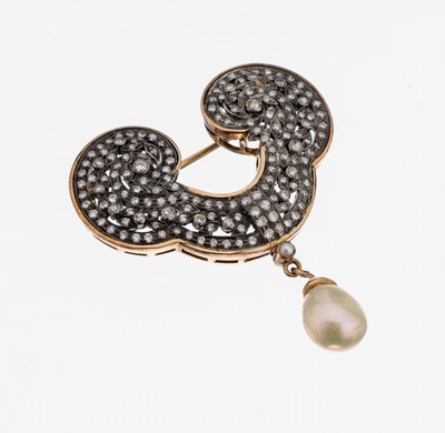 14 kt Gold Diamant-Perl-Brosche, RG 585/000und Silber, Abhängung mit bewegl. Zuchtperle, in Silber gefasste Diamantrosen zus. ca. 2.0 ct, ca. 11.4 ...