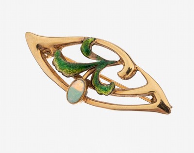 14 kt Gold Jugendstil Opal-Brosche mit Email, um 1900, GG 585/000, geschwungen, ovaler Opal-Cabochon ca. 0.05 ct, part. grün emailliert (besch.), ...
