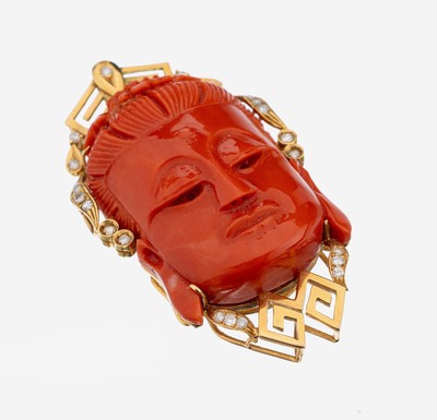 14 kt Gold Korall-Brillant-Anhänger, GG 585/000, Koralle in Form eines Gesichtes, feine Farbe, Brillanten zus. ca. 0.15 ct Weiß/si, ca. 21.2 g, L. ...