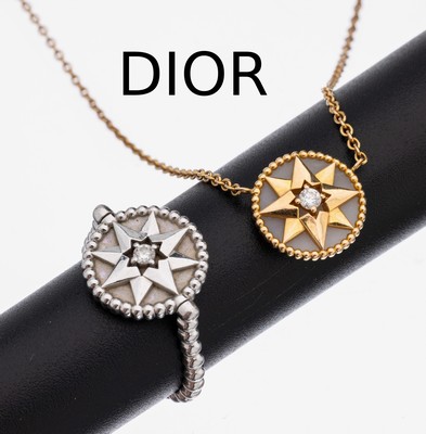 18 kt Gold DIOR Schmuckset "Rose de Vents", WG/GG 750/000, best. aus: 1 Ring, WG, RW 52, ca. 3.8 g, und 1 Collier, GG, L. variabel ...