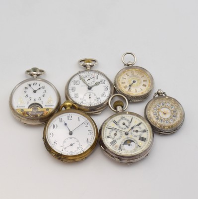 ZENITH offene Silbertaschenuhr mit Wecker sowie 5 weitere offene Taschenuhren, Schweiz um 1880-1920, 5 Silbergeh., 1x Messing, 1x Hebdomas 8 Tage, 1x ...