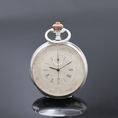 OMEGA Cadran offene Silbertaschenuhr mit Chronograph, Schweiz um 1900, dell. Geh., guill. Rückdeckel m. Monogrammspiegel, Cuvette m. Medaillen ...