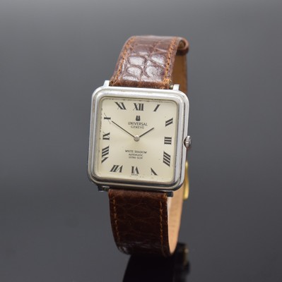 UNIVERSAL Geneve White Shadow Ultra-Slim Herrenarmbanduhr Referenz 866142, Schweiz um 1965, Automatik, quadratisches Geh., Boden aufgedr., silb. ...