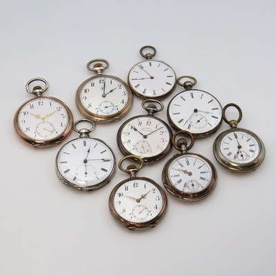 Konvolut: 9 offene Taschenuhren, Schweiz um 1860-1920, 8 teils schön grav. Geh. berieben/dell., 1x Nickel, Emailzifferbl. m. röm./arab. Zahlen, ...