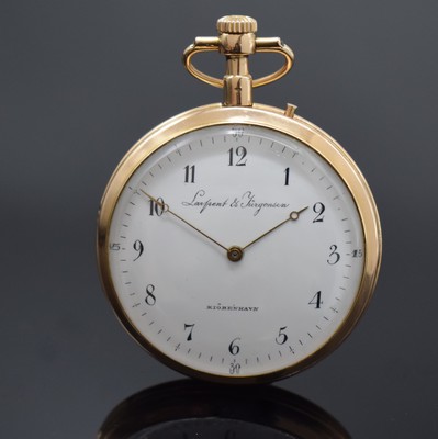 Schwere, offene Taschenuhr bezeichnet LARPENT & JÜRGENSEN in RG 750/000, Spindeluhr- Gehäuse mit später eingesetztem Brückenankerw., ...