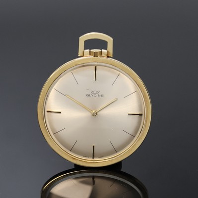 GLYCINE Frackuhr in GG 585/000, Schweiz um 1965, Handaufzug, Glasrand aufgedr., silb. Zifferbl. m. gold. Zeiger, 4 aufgel. Std.- Ind., verg. Werk ...