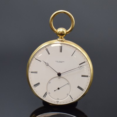 JULES JÜRGENSEN seltenes, frühes Taschenchronometer in GG 750/000 mit Schlüsselaufzug, Schweiz um 1860, guill. Geh. m. A-Goutte-Schlüssen ber., ...
