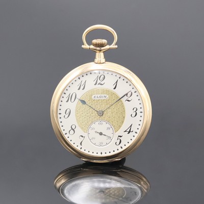 ELGIN offene Taschenuhr in GG 585/000, USA um 1920, glattes Geh., Rückdeckel m. Monogramm, Goldcuvette, silb. Zifferbl. rest., zentral gold./guill., ...
