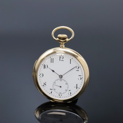 Offene Herrentaschenuhr mit Repetition in GG 750/000, Schweiz um 1910, glattes Geh., Goldcuvette, Emailzifferbl. m. arab. Zahlen, gebl. Zeiger, kl. ...