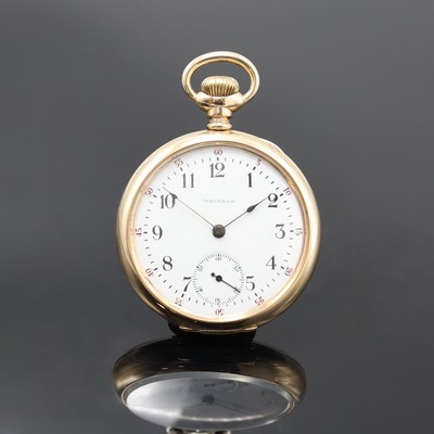 WALTHAM offene Herrentaschenuhr in GG 585/000, USA um 1900, glattes Geh., Goldcuvette, Emailzifferbl. riss., gebl. Zeiger korr., arab. Zahlen, kl. ...