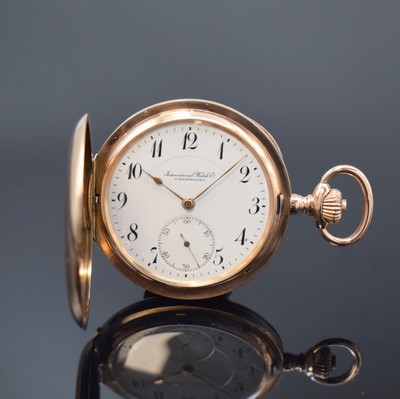 IWC Herrensavonette in RG 585/000 Kaliber 66, Schweiz um 1913, glattes 3-Deckel Goldgeh., Cuv. l. dell., Emailzifferbl. m. Breguetzahlen und gold. ...