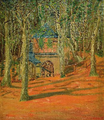 E. Foulon, datiert: Pforten 1915, Blick auf ein Fachwerkhaus unter Bäumen, Öl/LWd, rechts unten sign. und dat., ca. 75x65cm, R. ca. 82x72cm