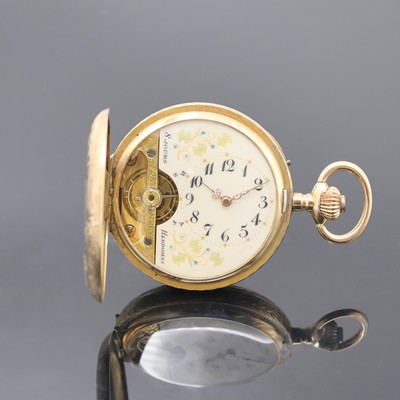 HEBDOMAS seltene 8-Tage-Savonette in GG 585/000, Schweiz um 1915, floral grav. Geh., 3/4-Emailzifferbl., darunter sichtbare Unruh, arab. Zahlen, ...