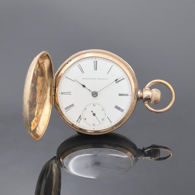 ELGIN Herrensavonette in RG 333/000, USA um 1880, 3-Deckel Goldgeh. dell., geriffelter Rand, grav. Sprung- (m. Monogrammspiegel) u. Rückdeckel, ...