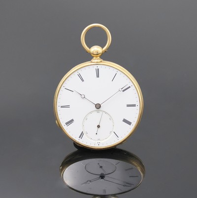 PILLARD á Paris offene Taschenuhr in GG 750/000, Schweiz/Frankreich um 1860, Schlüsselaufzug, Geh. dell., geriffelter Rand, guill. Rückdeckel, ...