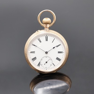 Offene Taschenuhr in RG 585/000, Schweiz um 1900, grav. Geh. dell., Metallcuvette, Rückdeckel m. Monogrammspiegel, Emailzifferbl. m. röm. Zahlen, ...