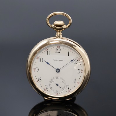 WALTHAM offene Herrentaschenuhr in GG 585/000, USA um 1901, glattes Geh., Rückdeckel m. Monogramm, Goldcuvette m. Widmung, Emailzifferbl. m. arab. ...