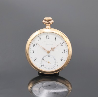 ALPINA Union Horlogere offene Herrentaschenuhr in RG 585/000, Schweiz um 1910, guill. Rückdeckel, Metallcuvette m. Widmung, Emailzifferbl. l. ...