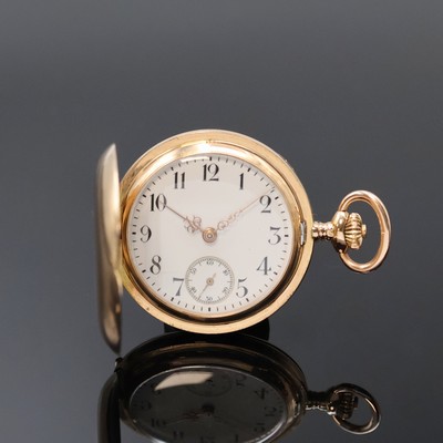 OMEGA Damensavonette in RG 585/000, Schweiz um 1910, glattes Geh. l. dell., Metallcuvette, Emailzifferbl. riss., arab. Zahlen, gold. Zeiger, kl. Sek. ...