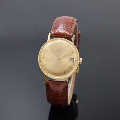 OMEGA Armbanduhr Referenz 14731 in GG 750/000, Schweiz um 1969, Handaufzug, 3-tlg. Geh., Boden u. Glasrand aufgedr., gold. Zifferbl. m. aufges. gold. ...